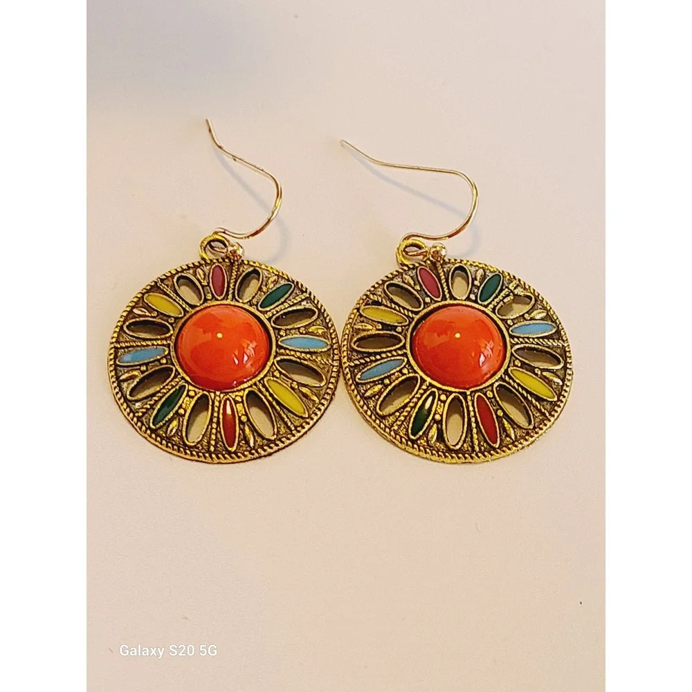 Gold Tone‎ Multi Color Enamel Sunburst Boho Drop Earrings Orange Cabochon Round